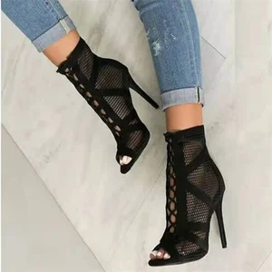 High heels in black fabric for women, peep toe sandals with lace, sexy bombs, casual mesh shoes, new fashion parade 12 Main Sales Crown Direct Mount - №1