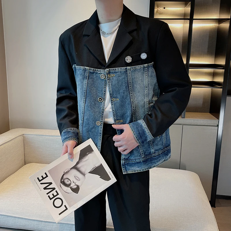 

Casual Denim Design Suit Jaet for Men Spring Trendy Nightclub Sle Long Sve Loose Fit Outerwear Youth ular Faion