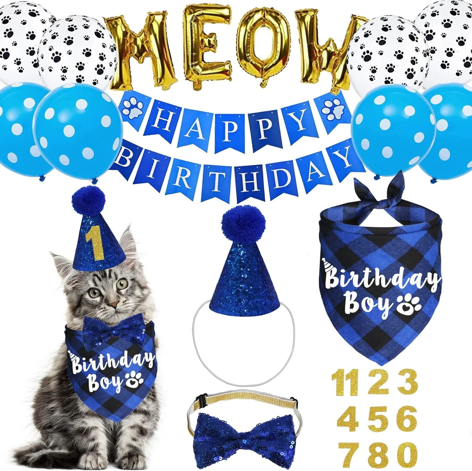 

TONG Pet Birthday Set with Golden Sequins Hat Bandana Birthday Party Banner Decoration Bow Tie Cat Dog Festive Party Accessories