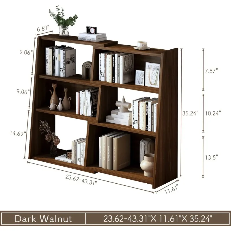 Wooden Extendable Shelf Bookcase - 3-Tier Ladder Low Short Bookshelf for Small Space or Corner, Dark Walnut, S