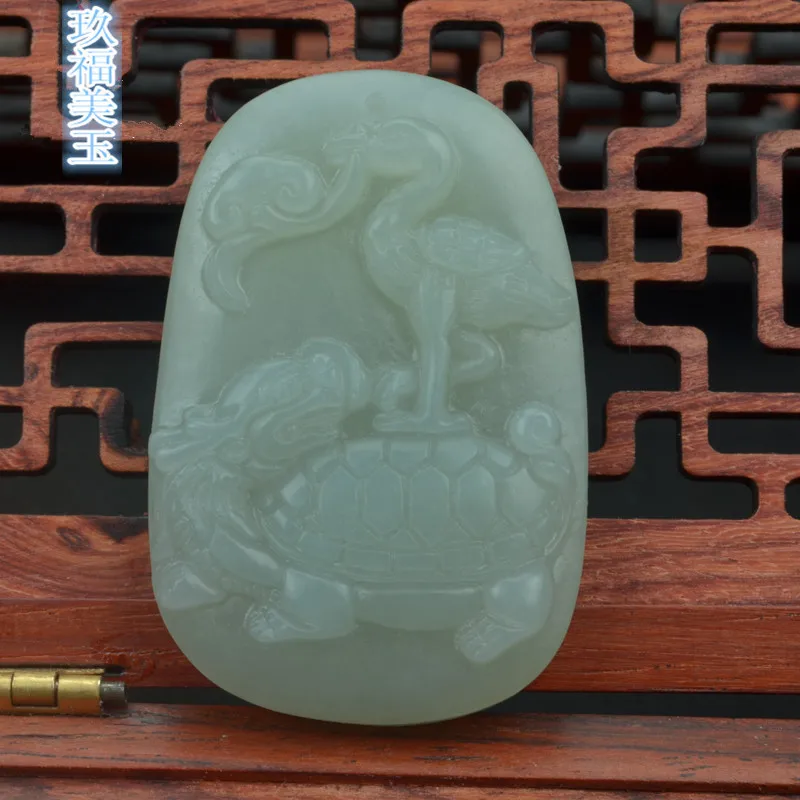 Qifu Meiyu Hotian Greenish White Turtle Same Life Jade Pendant Real Shot Crane