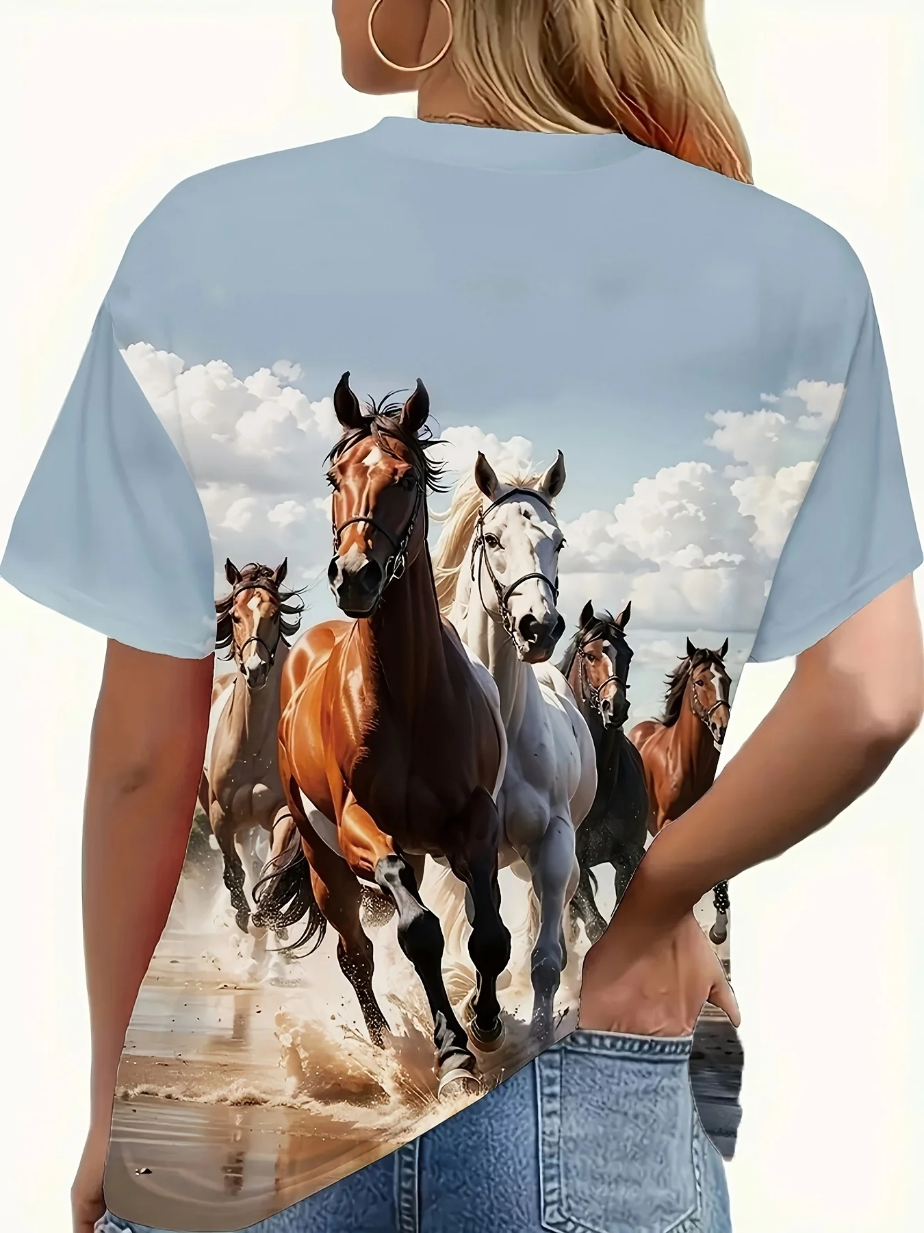 Women Crew Neck Short Sleeve T‑Shirt, Running Wild Horses Under Cloudy Sky Back Print Wildlife Graphic Casual