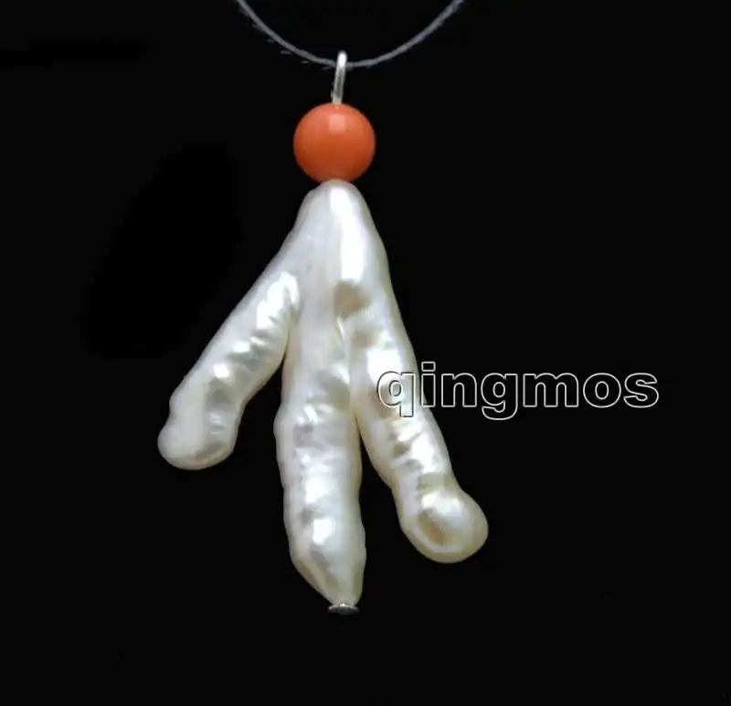 

Qingmos 20*30mm BAROQUE Chicken Toe Natural Freshwater White Pearl Pendant Necklace For Women with Pink Coral Choker Cord 17-19"