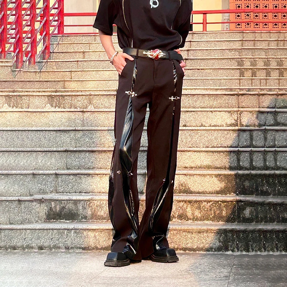 

Mens Pu Leather Patchwork Y2k Airplane Buckle Casual Pants Streetwear Fashion Youth Straight Leg Pants Men'S Clothing 2026 New