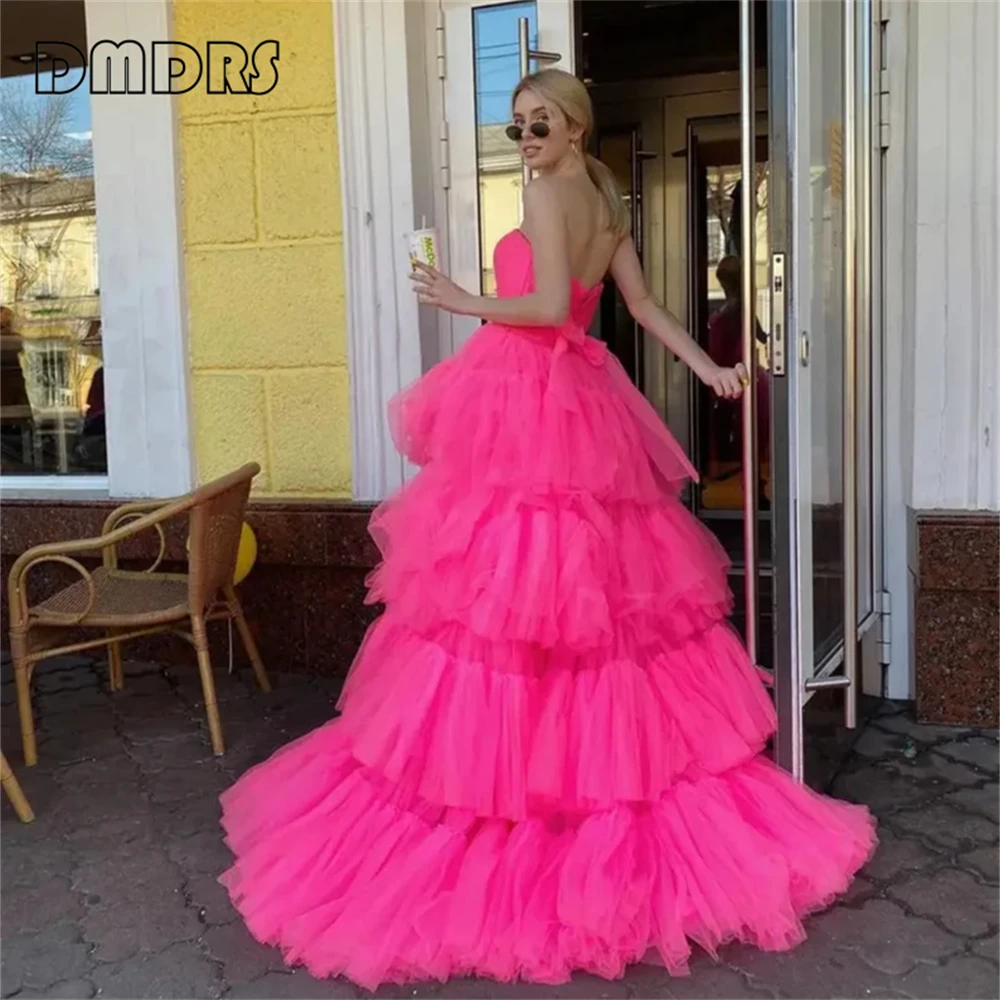 High low tulle dress Elegant Tiered Ruffles Tulle Evening Dresses Strapless Pleat Ruched Prom Dress Wedding Party Gown