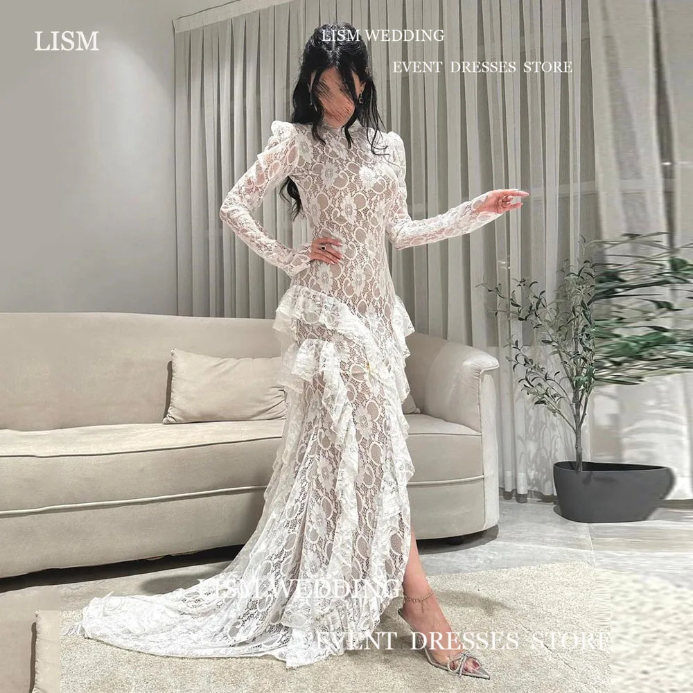 

LISM Modest Full Lace Ruffles Ruched Women Evening Dresses High Neck Long Sleeves Sweep Train Prom Gowns Formal Occasion Dress