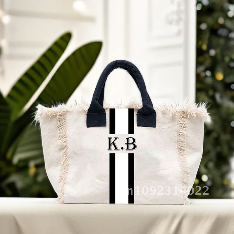 Summer American Style Trends Stripe Printing Women's  Tassel HandBag Customizable Letters Canvas Tote Beach Bag Wedding Gift