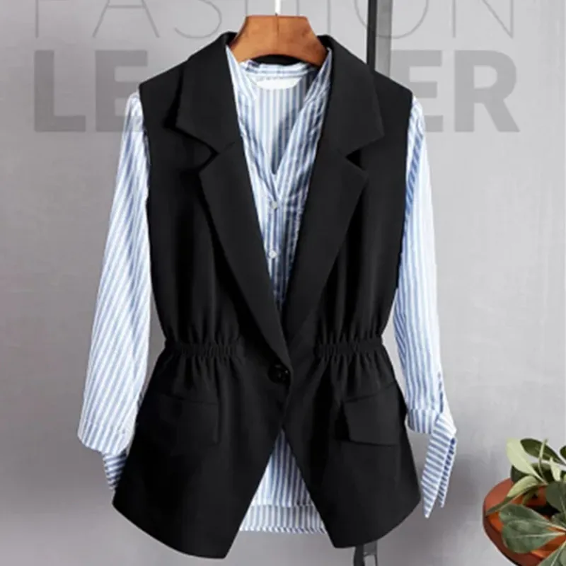 

New 2023 Women Sleeveless Single Breasted Vest Jacket Office Ladies Casual Suit Coat Tops Spring Autumn Black Red Outerwear