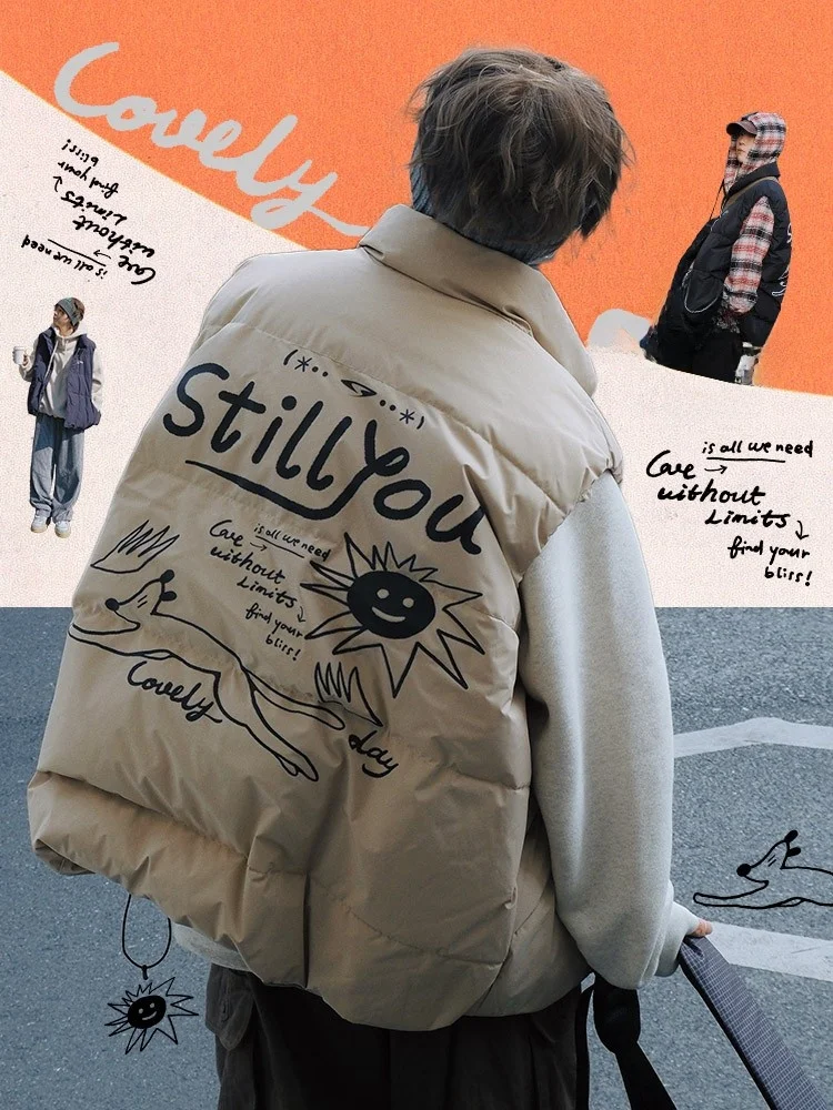 

Street Sle ex Straight Cut Du down Jaet Ba fiti Print Stand Collar Svel New Korean Version Warmth Zipper