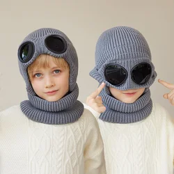 2Pcs Winter Kids Hat Scarf Set Plush Knitted Toddler Bonnet with Sunglasses Infant Ear Protection Hats Children Warm Cap 4-10Y