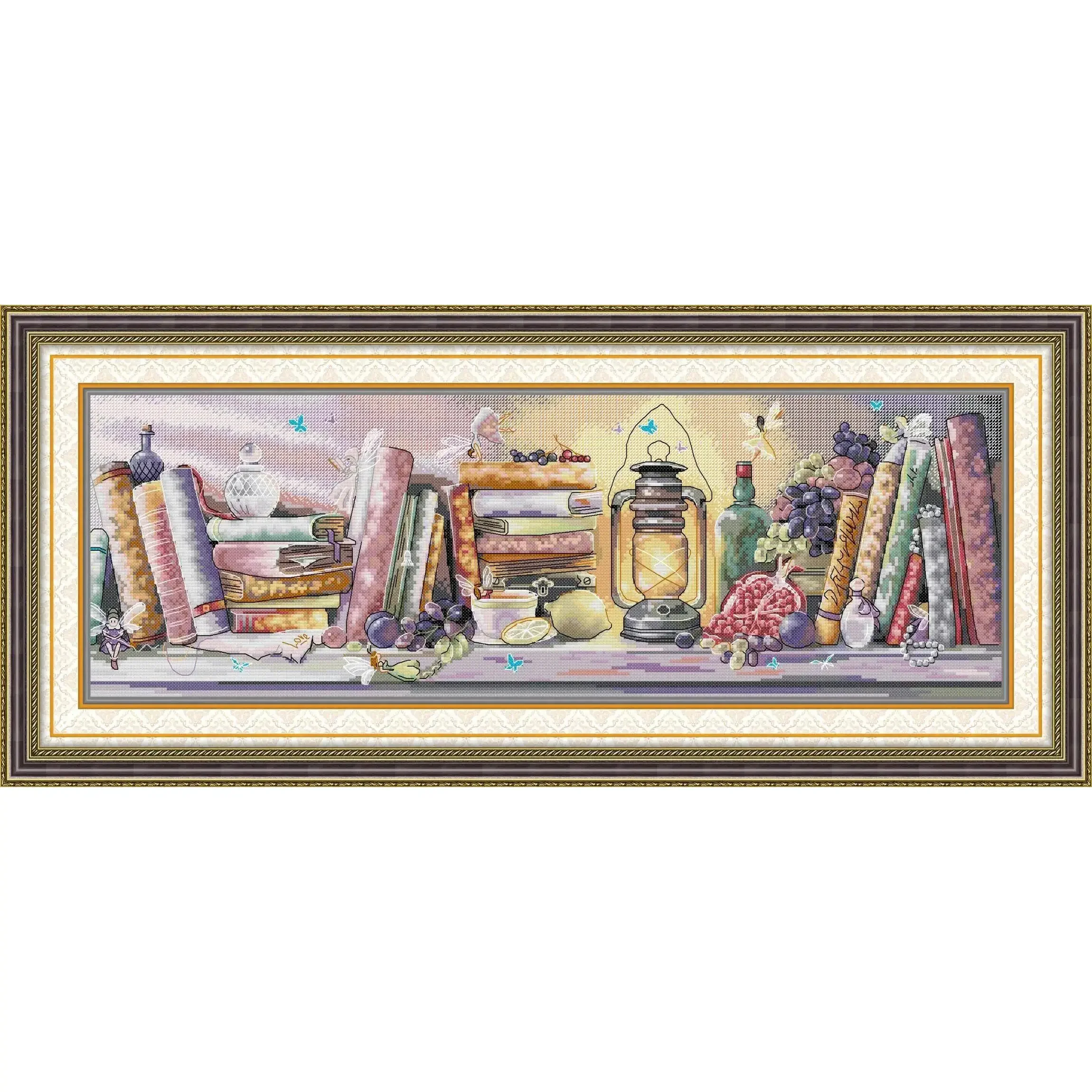 

Joy Sunday Pre-printed Cross Stitch Kit Easy Pattern Aida Stamped Fabric Embroidery Set-Oil Lamp Bookshelf