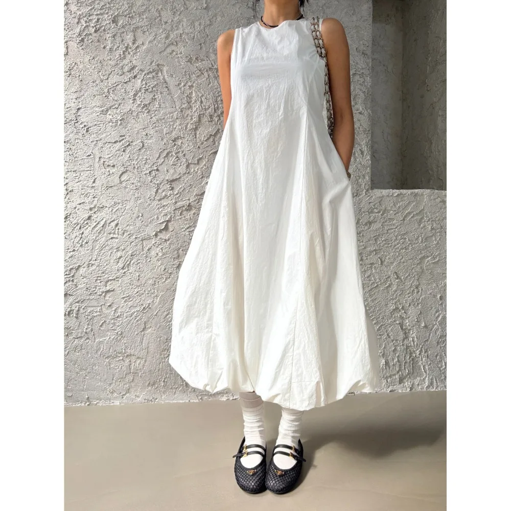 White Sleeveless Flower Bud Skirt Vest Dress Women Summer New Loose Long Dress Korean Style Casual Wear for Various Occasions