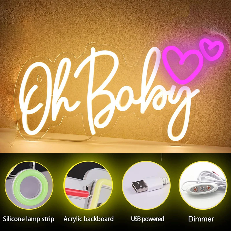 Oh Baby Neon Sign Love Heart LED Neon Decorazione Lampada USB Appeso a parete per sfondo Sala giochi Camera da letto Negozio di feste Regalo