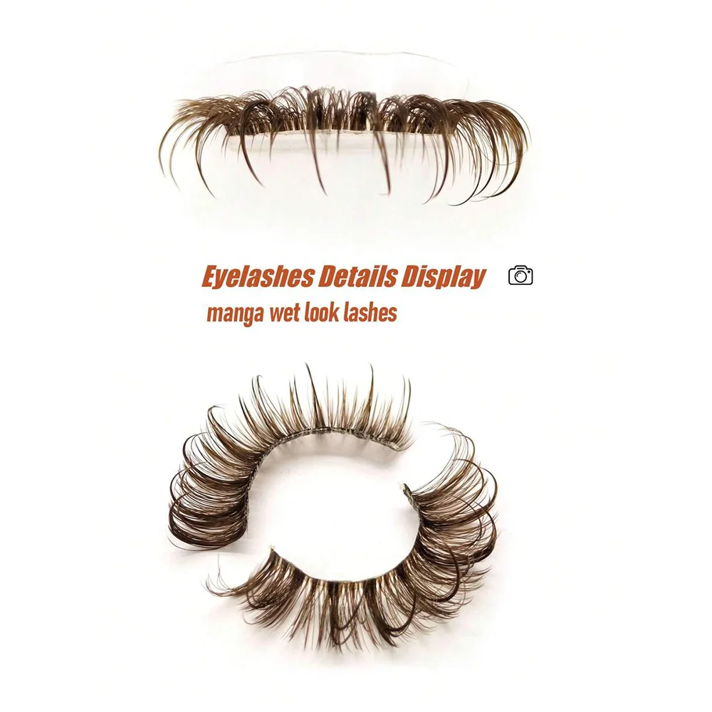New 6 pairs of fluffy brown false eyelashes, transparent rod, invisible band, cross pattern, curled fox style