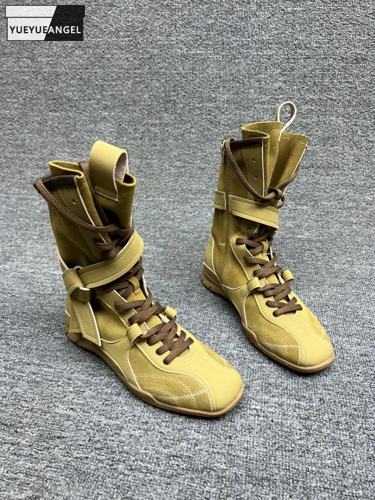 Women Elegant Lace Up Buckle Cow Suede Leather Comfortable Square Toe Boots Chunky Heels Ankle Boot Fashion Handmade Flat Bottom