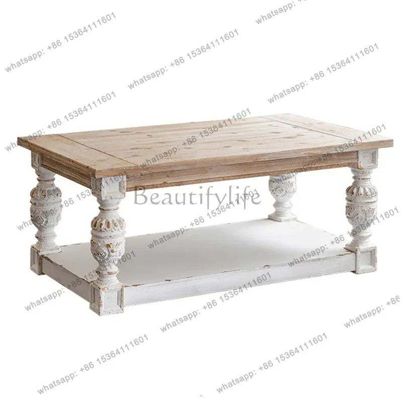 

American rural retro carved living room solid wood coffee table French light luxury homestay sofa side table
