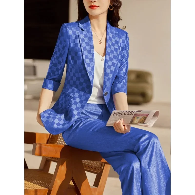 Spring Summer Blazer And Pant Suit Women Black Blue Apricot Plaid Female Business Work Wear Formal 2 Piece Set For Office Ladies