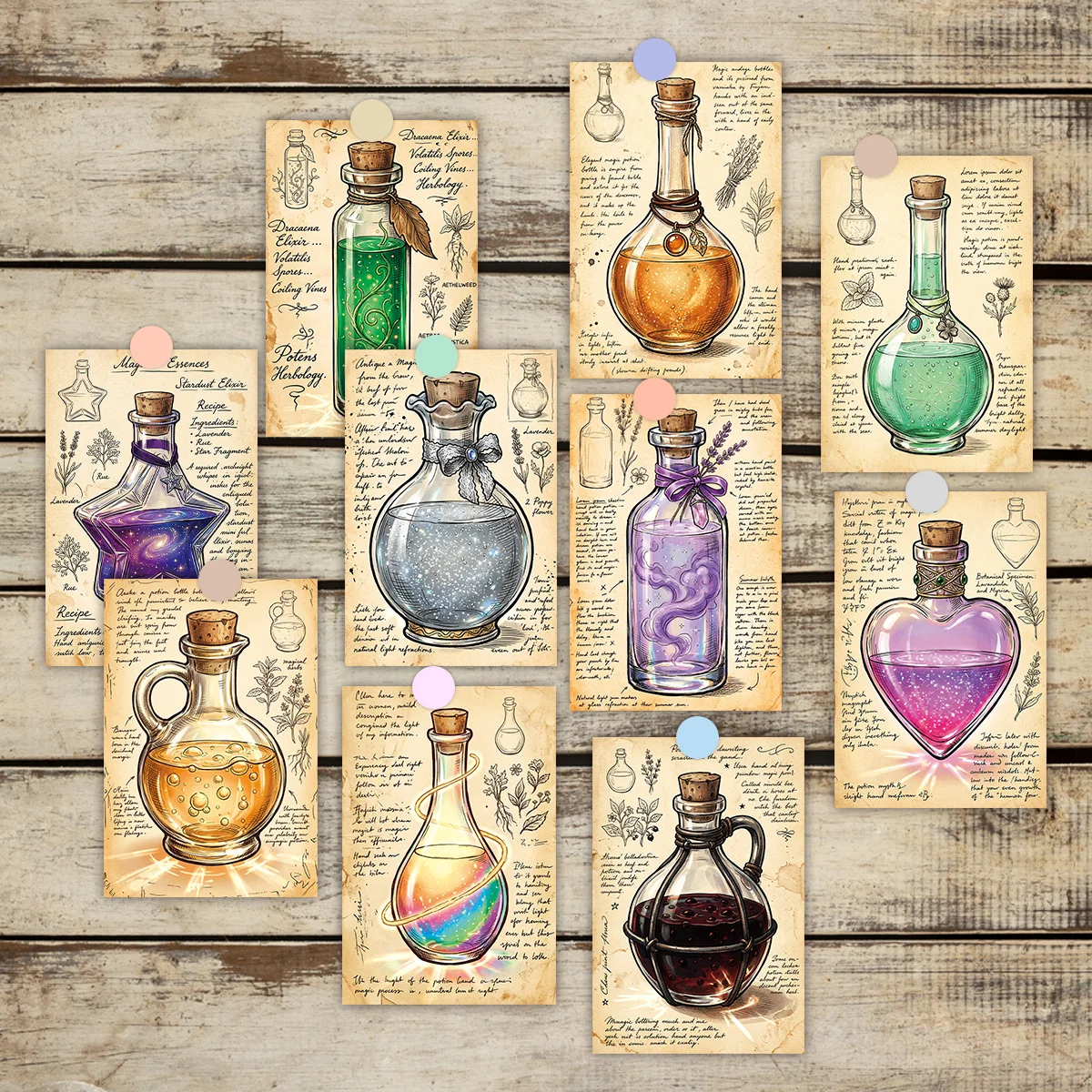 20 cartes murales illustrées de bouteilles de potion magique vintage, kit de cartes postales de collage mural gothique fantastique, fournitures de décoration de chambre