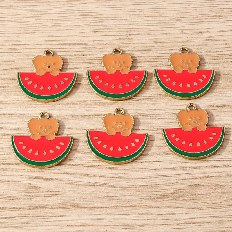 10pcs 24x24mm Cartoon Animal Charms Enamel Bear Eat Watermelon Charms Pendants for Jewelry Making Earrings Necklace Crafts Gifts