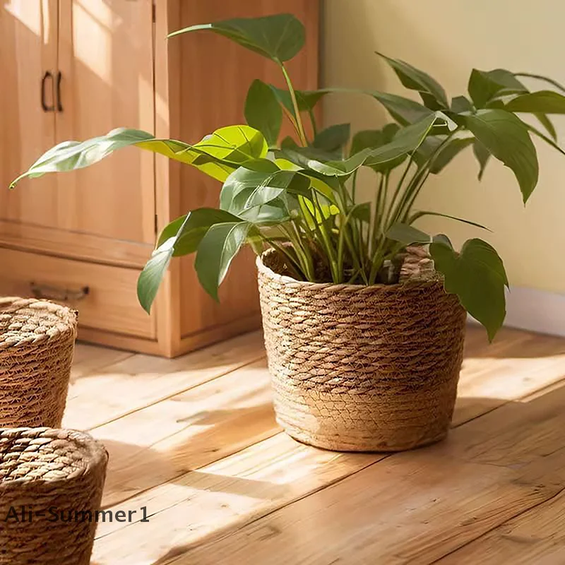 1PC Straw Weaving Flower Plant Pot Wicker Basket Rattan Flowerpot Storage Basket Garden Flowerpot Handmade Woven Planter Basket