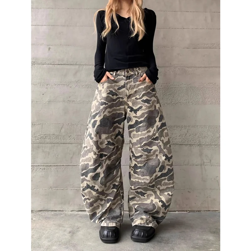 

Camouflage khaki Jeans Women Vintage High Waisted Straight Denim Trouser Y2K American Streetwear Wide Leg Classic Denim Pants