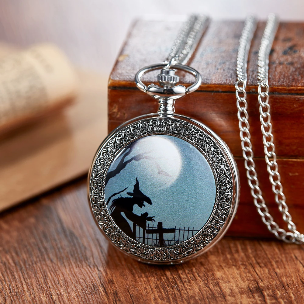 Halloween Children's Gift Pocket Watch Pumpkin Witch Castle Pocket Watch Roman Digital Panel Round Silver quartz Pocket Watch