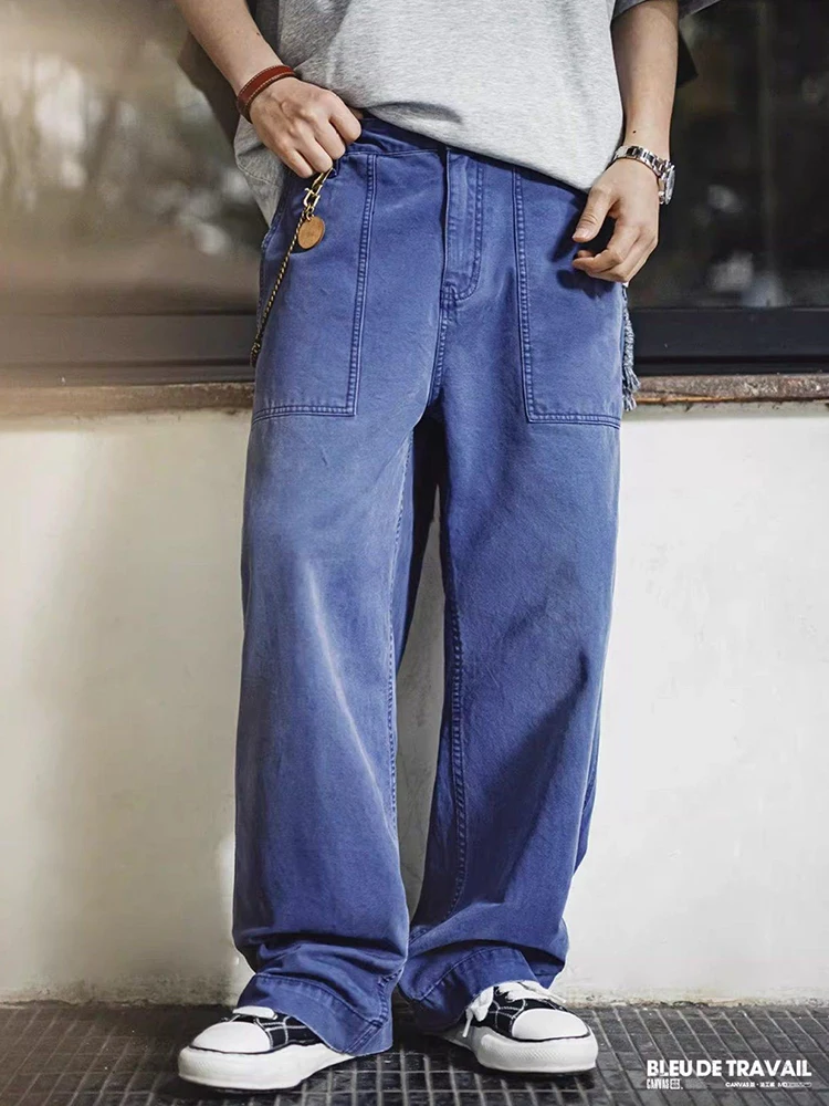 

Мужские винтажные рабочие брюки Maden из холщовой ткани, свободные, прямого кроя, повседневные, весенние, синие, хлопковые