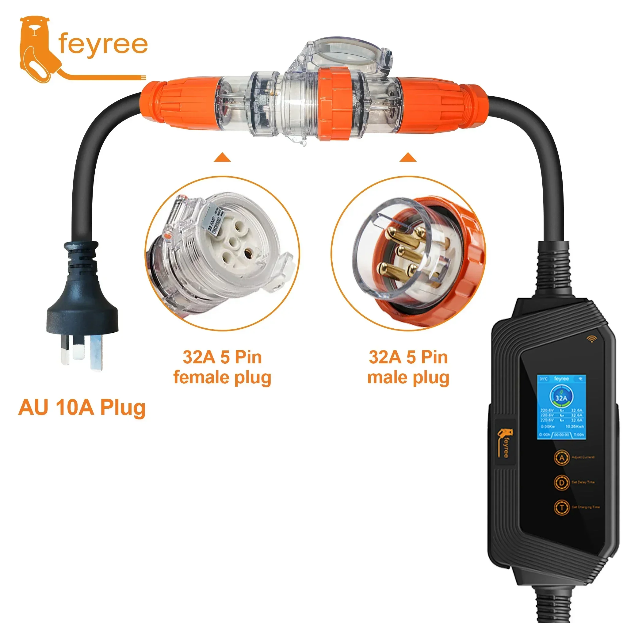 Feyree 22KW 32A 3 Fase Type2 Carregador EV Portátil Wi-Fi APP Controle EVSE Caixa de Carregamento com Plugue AU 5 pinos para Carregador de Carro Elétrico