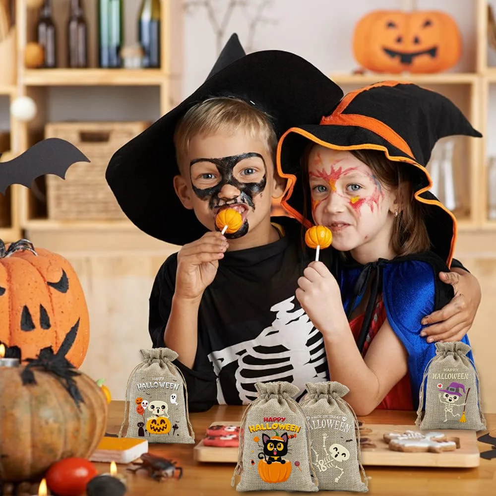 50Pcs/lot 10*15cm Pumpkin Ghost Skull Printed Drawstring Linen Pouches Halloween Children's Party Gifts Storage Bags