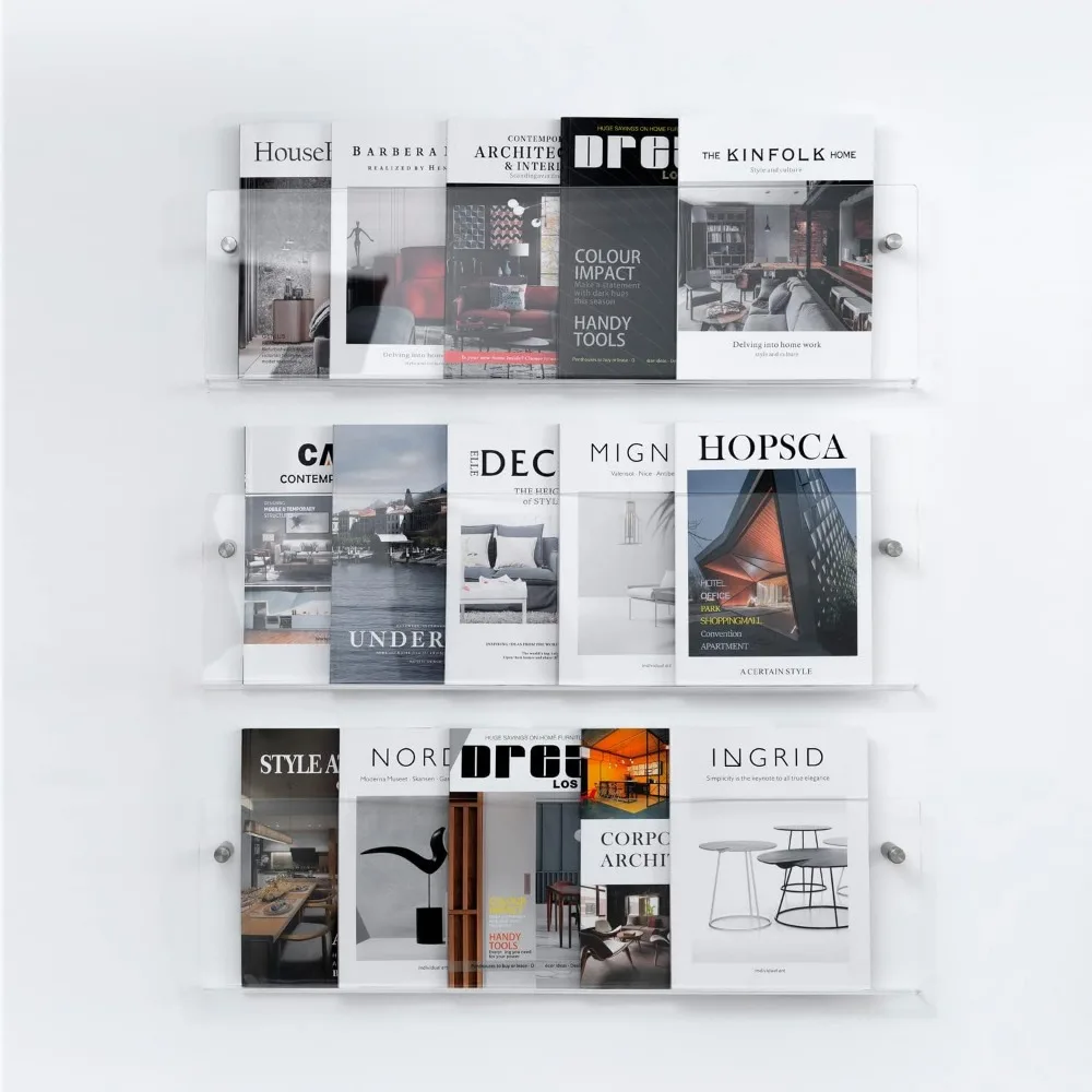 حامل كتيب مثبت على الحائط من الأكريليك الشفاف مكون من 3 طبقات، رف مجلات لعرض غرفة المعيشة المكتبية #4