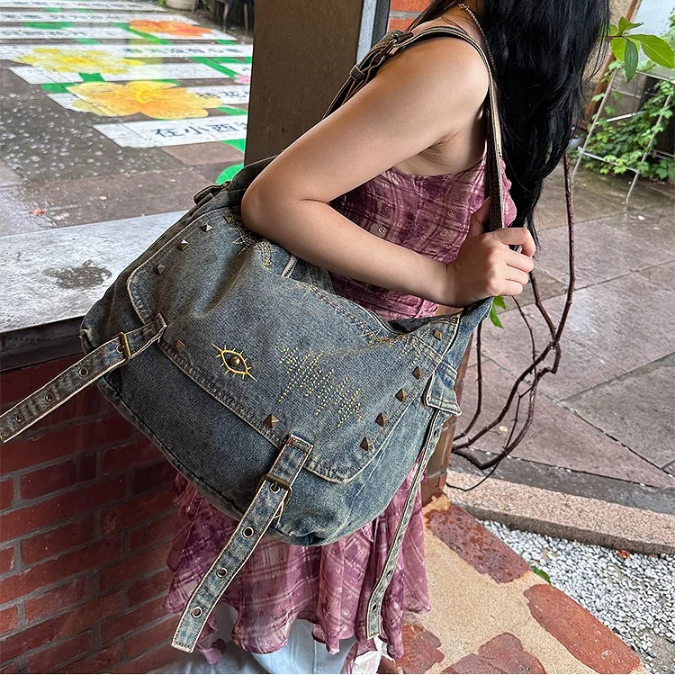 

Модная женская сумка через плечо с заклепками, большая вместительная сумка, джинсовая женская сумка-мессенджер с регулируемым ремешком, сумки-тоут bolsa