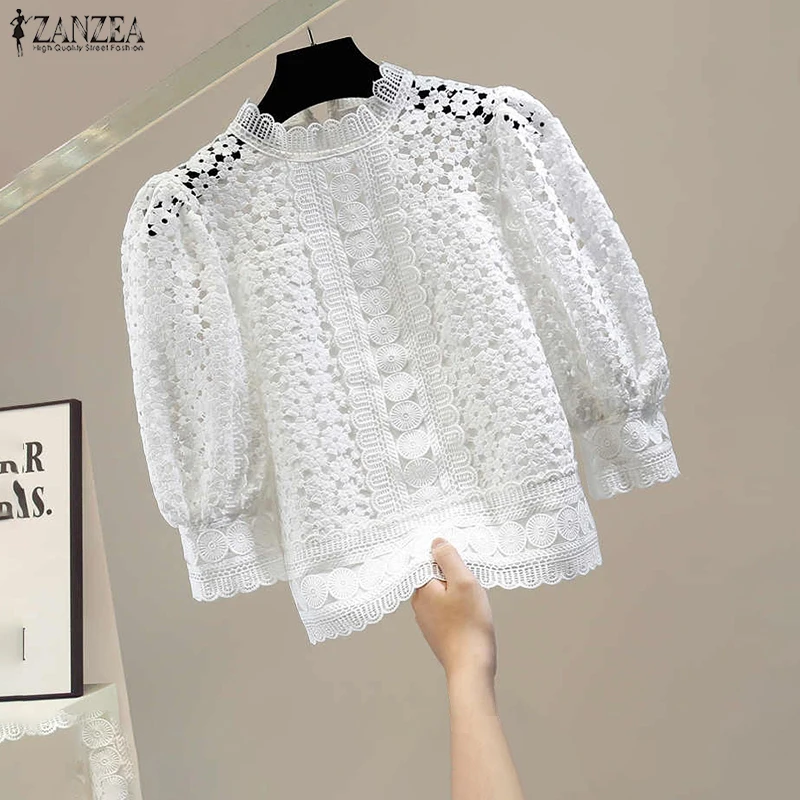 ZANZEA Blus Renda Elegan Wanita Atasan Tunik Warna Polos Lengan Puff 3/4 Kemeja Wanita Kantor Kasual Tembus Pandang Leher-o Musim Panas 2026