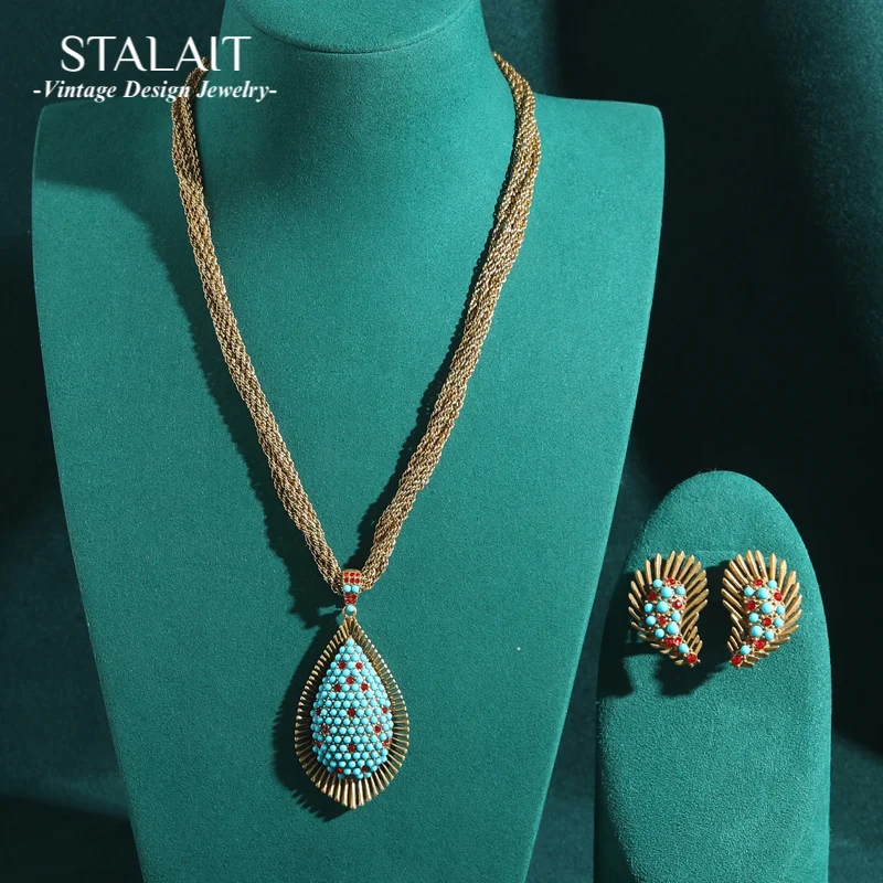 

Vintage Antique Gold Color Turquoise Pendant Jewelry Set Necklace Natural Beads Peacock Feather Long Layered Chain Bohemia 2025