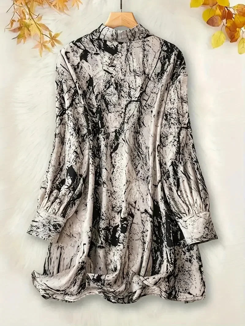 Women\'s Plus Size 1XL-5XL Marble Print Long Sleeve Button Up Lapel Collar Tunic Shirt Top Elegant and Flattering Fit