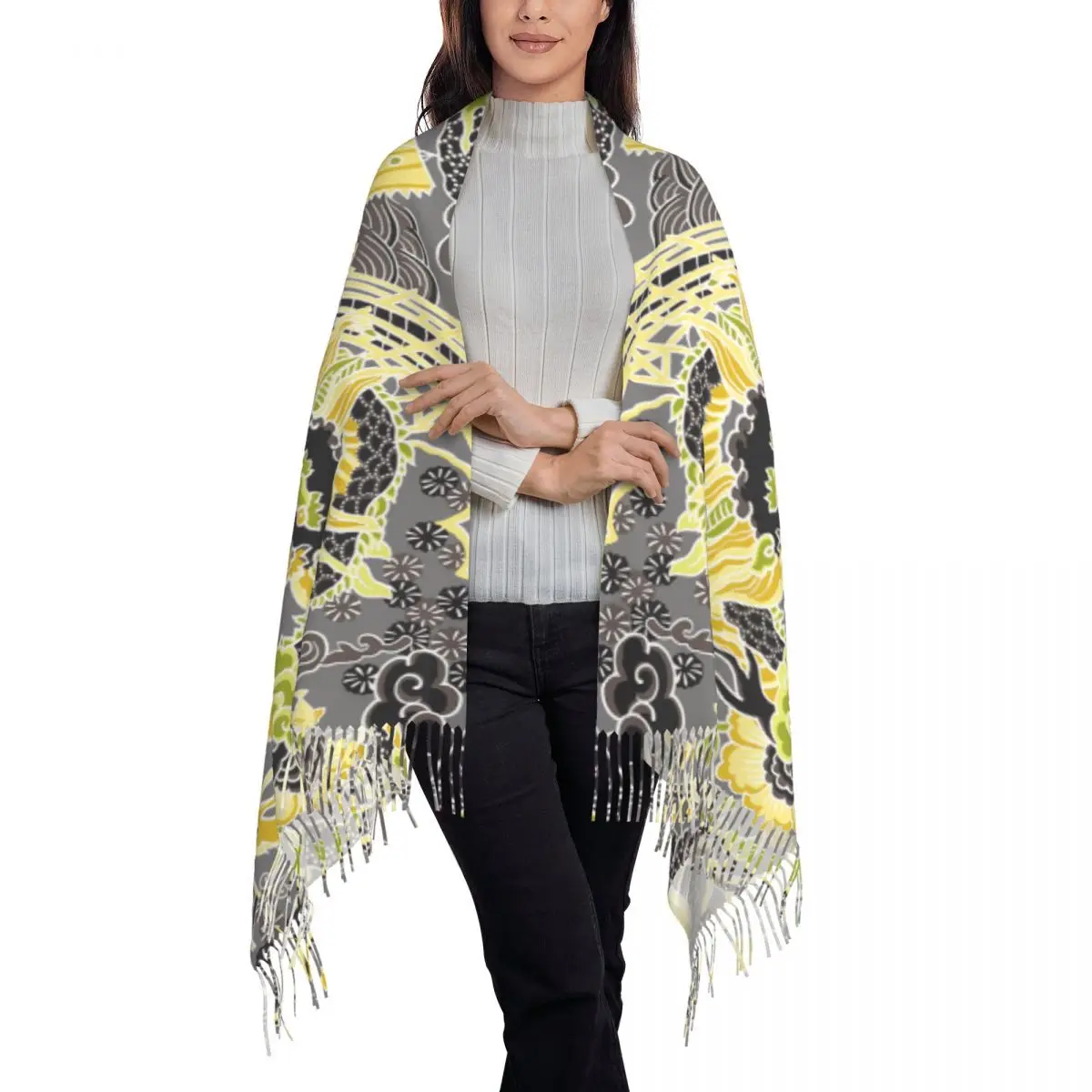 Antique Chinoiserie Imperial Dragon Tassel Scarf Women Soft Tradition Asian Mythology Shawl Wrap Lady Winter Fall Scarves