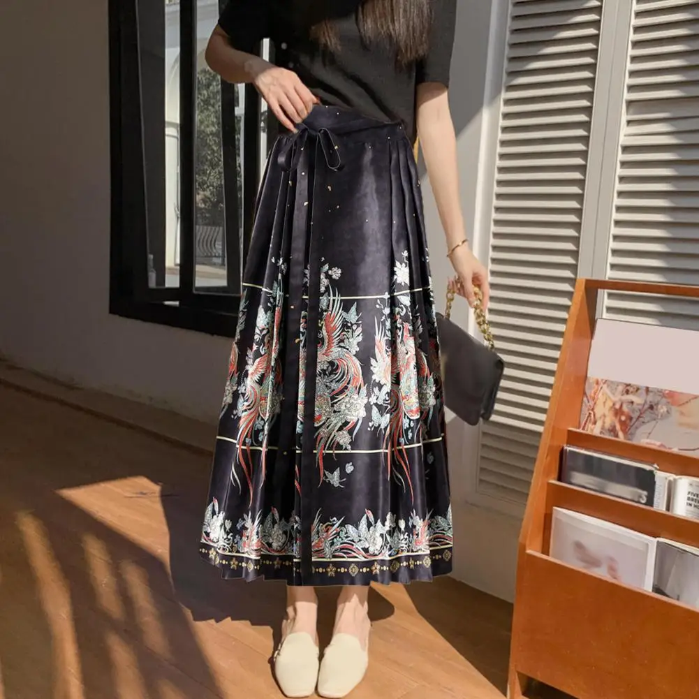 Saia maxi chinesa elegante para mulheres, cintura alta vintage, estampa Phoenix, saias hanfu plissadas com cordões, saia de rosto de cavalo, saias de casamento