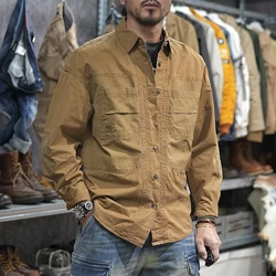 Patchwork Utility Casual Outdoor Workwear Shirts for Men Spring Summer High Quality 100% Cotton Drop Shoulder Safari Cargo Shirt