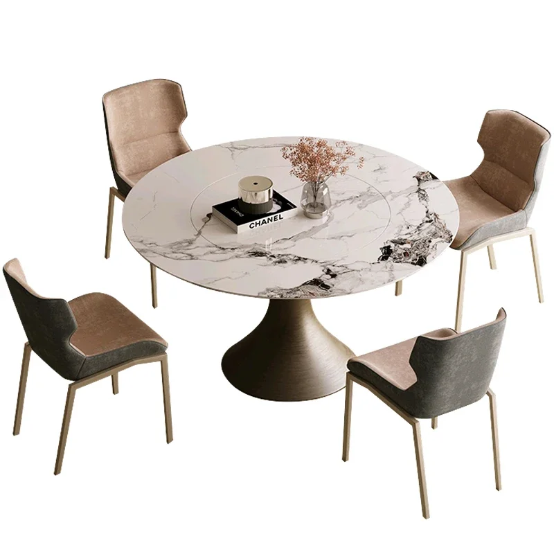 Light extravagant rock plate with turntable round rotatable high-end built-in bright dining table and chair combination