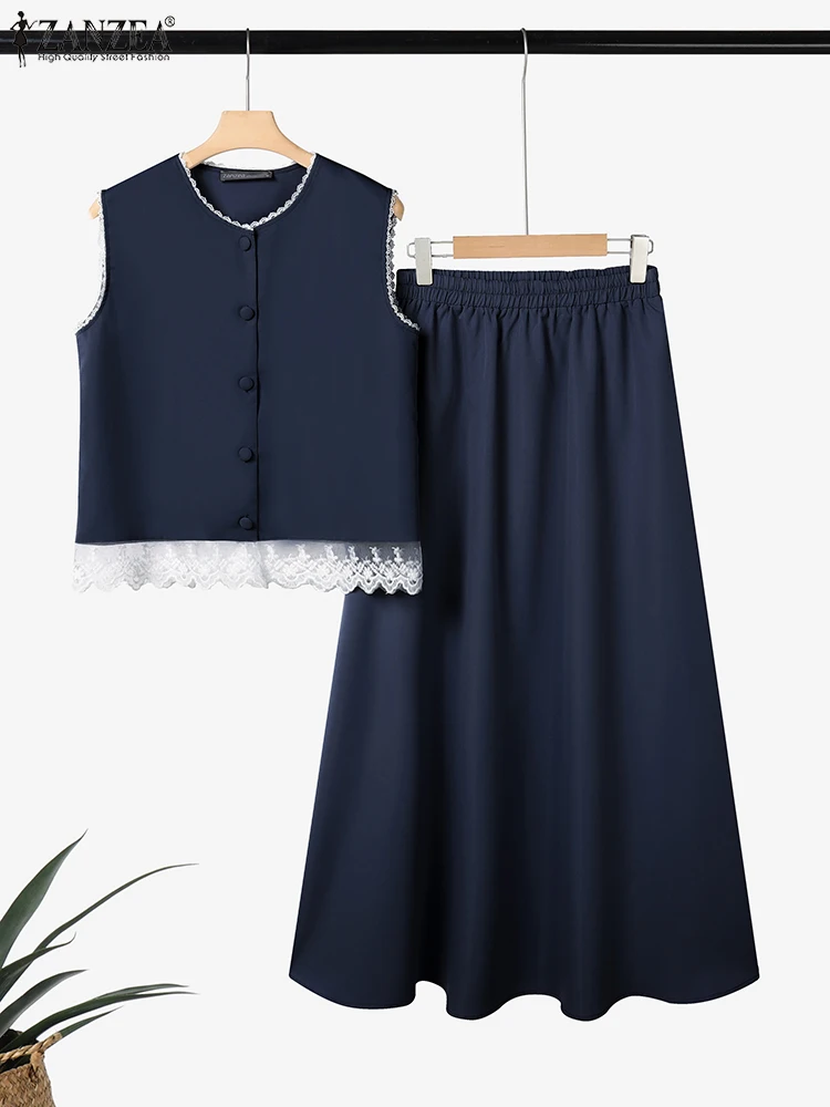 

ZANZEA Элегантные комплекты платьев Женские кружевные топы без рукавов и длинные юбки с эластичной резинкой на талии 2025 Лето Повседневные комплекты из 2 предметов в Корейском стиле