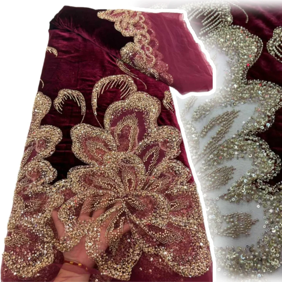 2025 Black African Nigerian Velvet Lace Fabric High Quality Lace Fabric with Stones Beads for Sewing Wedding Party Cloth CC1569