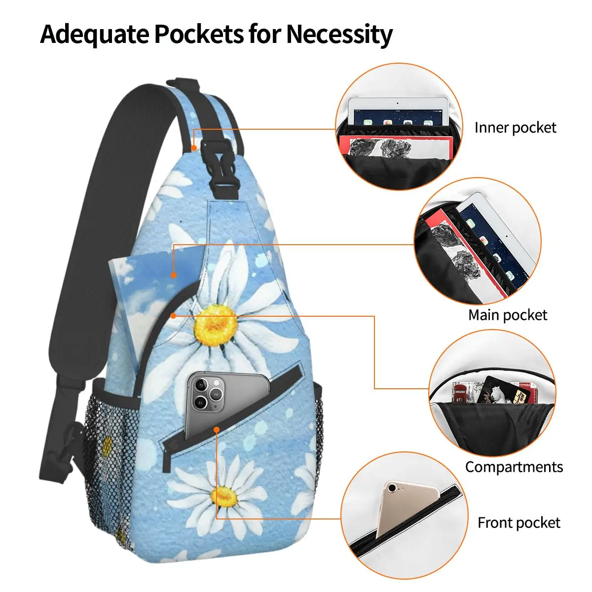 Mochila con estampado de margaritas y flores para deportes al aire libre, morral con estampado Floral para el pecho, bandolera para el hombro