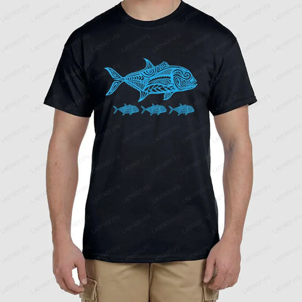 Fishing Native Hawaiian Tribal T-Shirt Funny Printed T-shirt Tops Men Clothing Graphic T Shirts Fish Enthusiast Unisex Tee