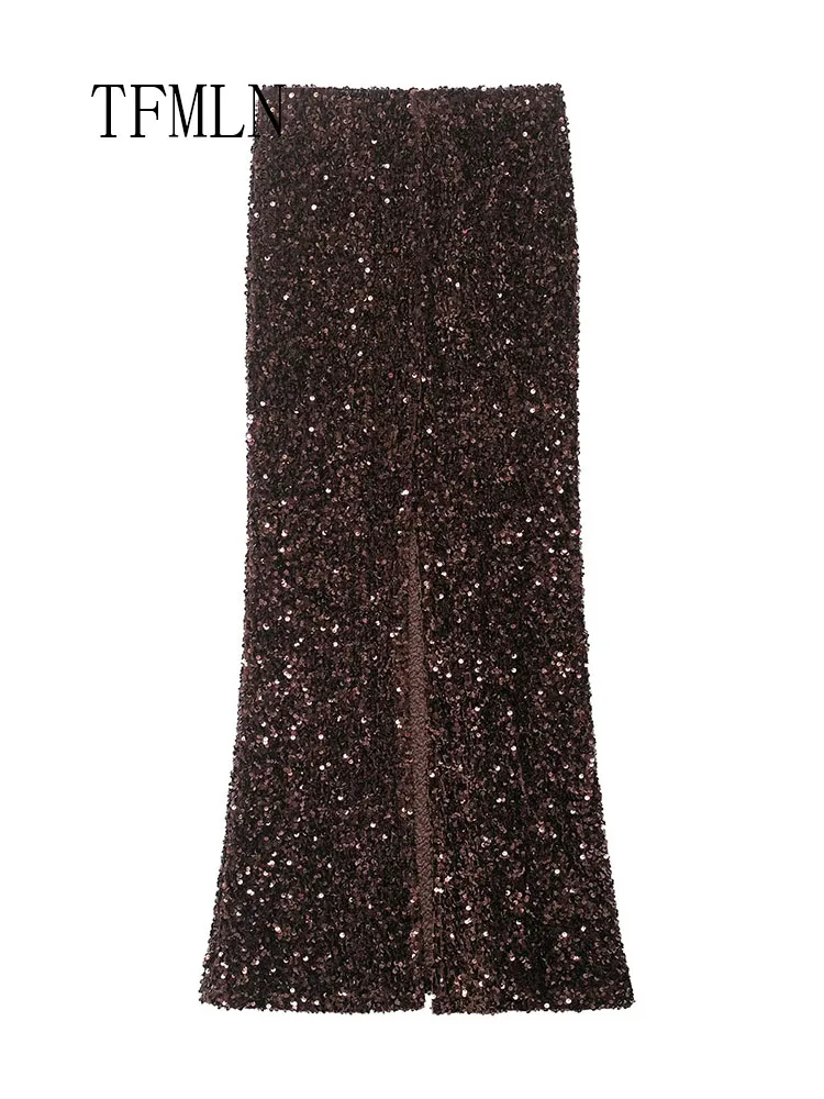 TFMLN femmes élégantes paillettes mince jupes décontractées 2026 printemps mode soirée jupes rétro Sexy femme vêtements de noël