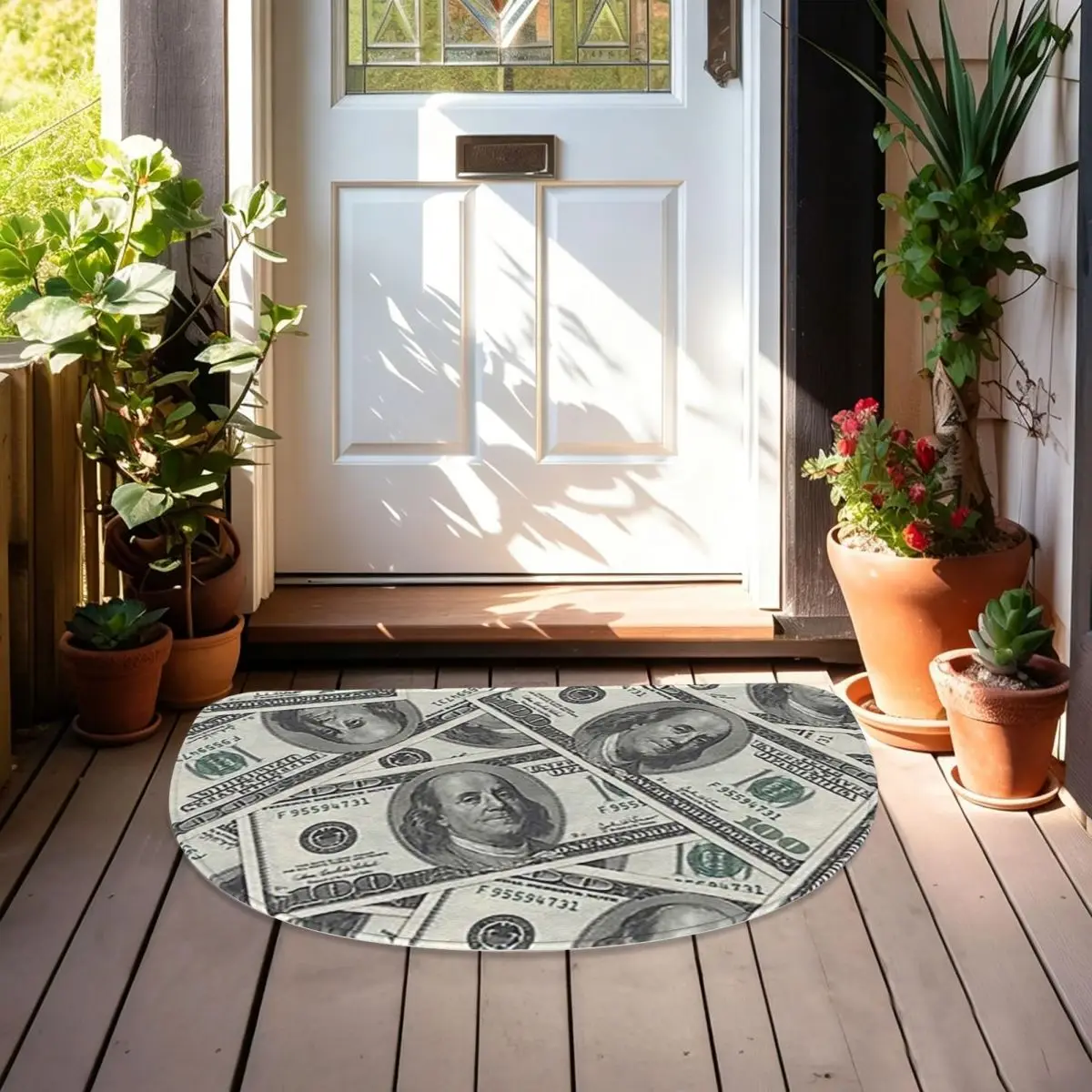 Rich Money Novelty Dollars Flannel Half Round Doormat Non Slip Bathroom Mat Absorbent Floor Carpet for Laundry Room Bathroom