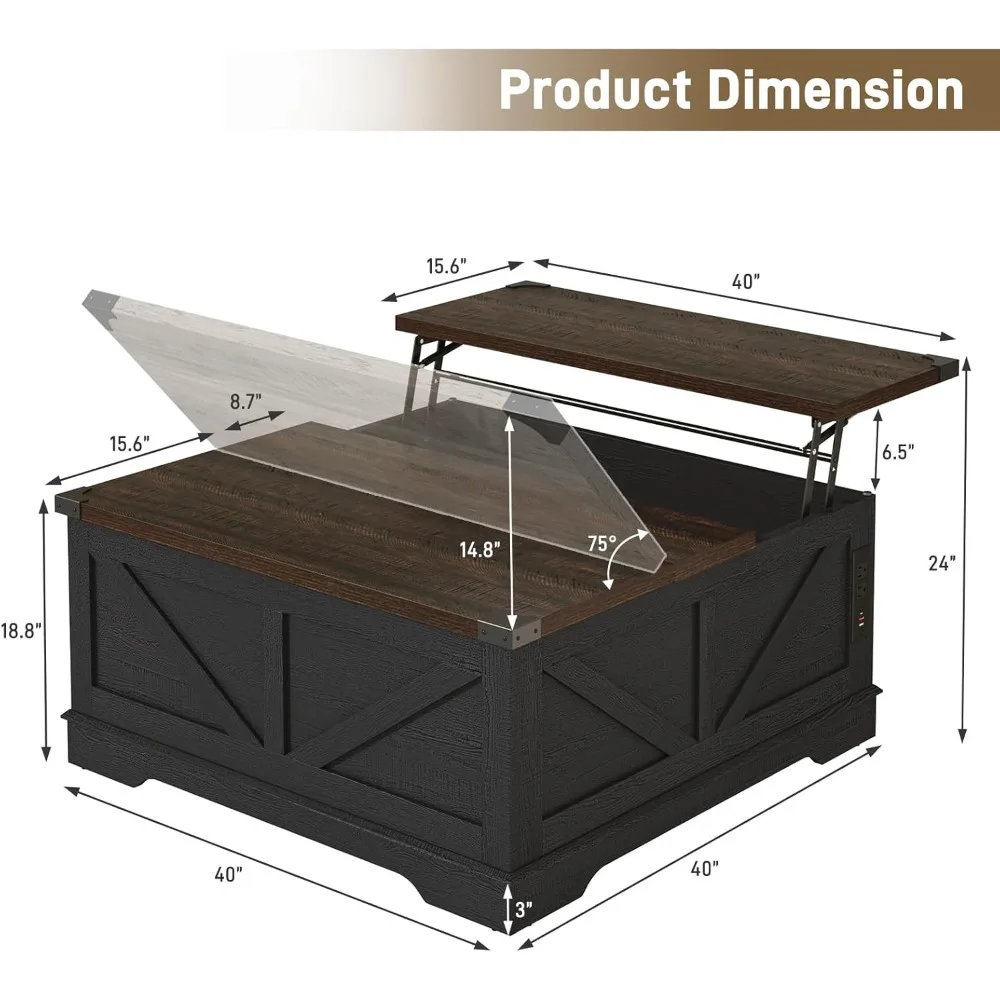 40” Large Farmhouse Lift Top Coffee Table with Power Outlets and Large Hidden Storage, Square Wood Living Room Tables, Multi-Fun