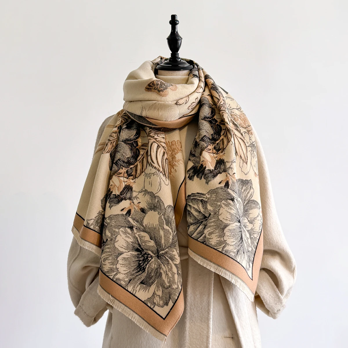 Brand Fashion Winter-Kaschmirschal für Damen – Pashmina-Schal mit Blumenmuster und Quasten, dicker, warmer Wickel- und Poncho – Detail 3