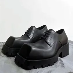 Luxury Designer Leather Women Shoes 2025 High Quality Chunky Platform Shoes for Women Square Toe Lace Up Unisex Casual Shoes