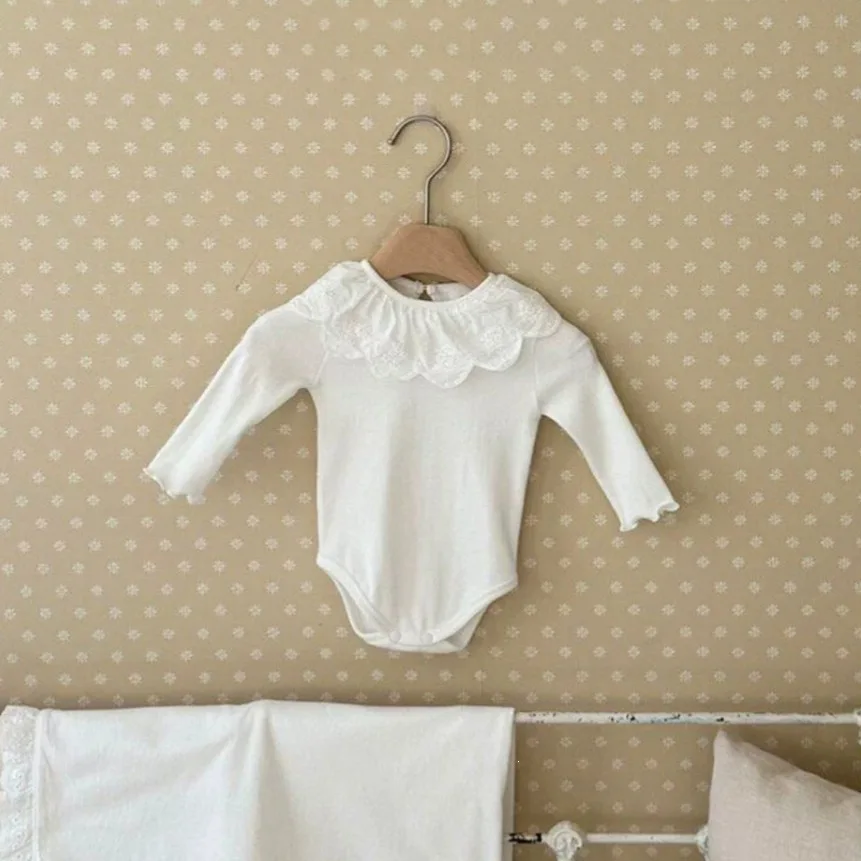 2026 Autumn New Baby Girl Long Sleeve Bodysuit Solid Infant Sweet Ruffle Lace Collar Jumpsuit Newborn Cotton Clothes 0-24M