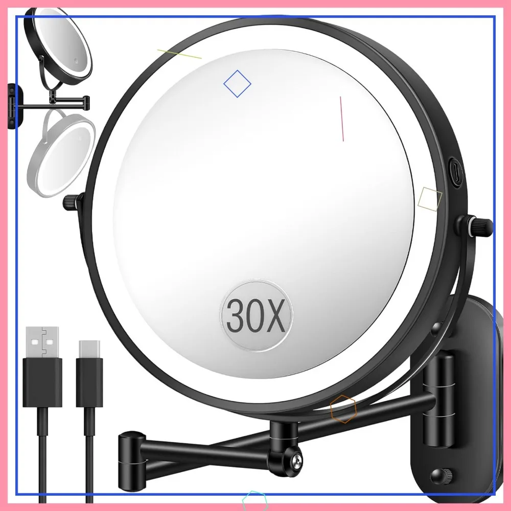 

9'' Wall Mounted Makeup Mirror with Light, 30X/1X Magnification, 5000mAh Rechargeable, Adjustable Height & Arm, 3 Color Modes