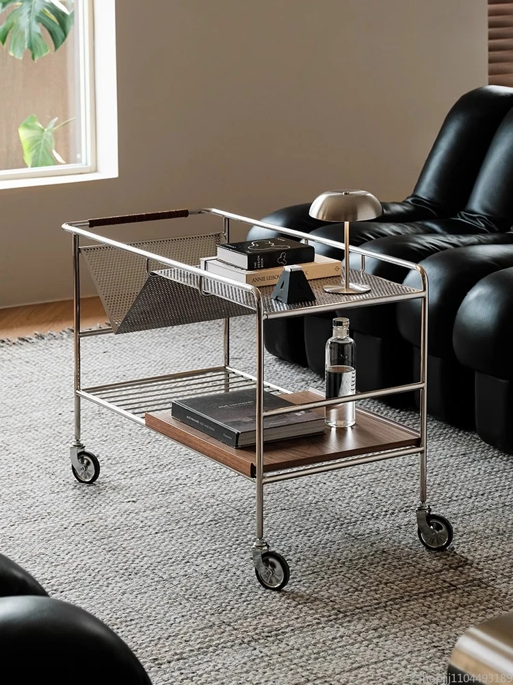 Nordic Retro Side Table with Wheels Mobile Sofa Caddy Stainless Steel Rolling Cart Stylish Living Room Storage & Coffee Table